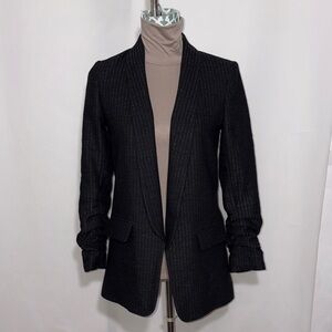 Veronica Beard Textured Black Blazer Size 2 Open Front Style Ruched Sleeves